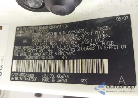 2007 Lexus Gx 470 z USA, uszkodzony, nr VIN JTJBT20X770145004